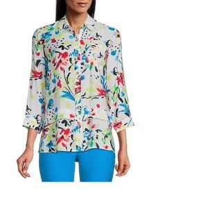 Multiples Women Multi Floral Print Crinkle Woven Point Collar 3/4 Sleeve S NWT